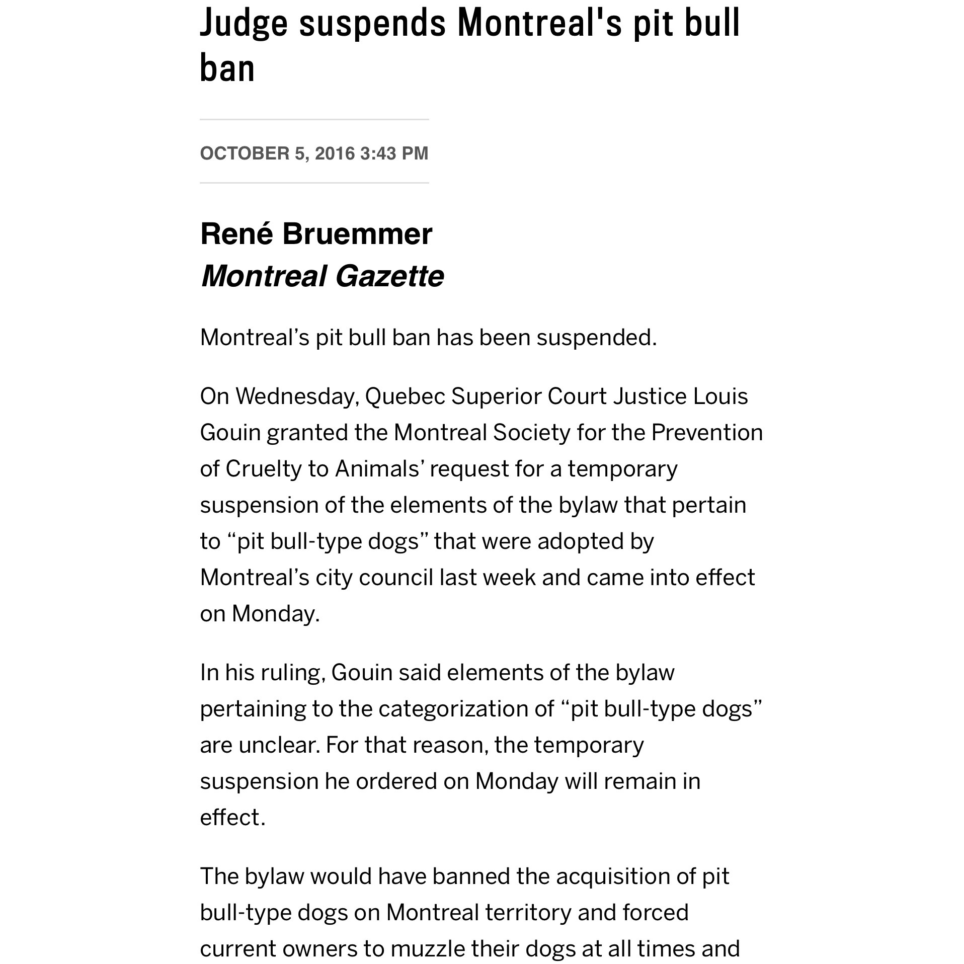 Judge suspends Montreal’s pit bull ban